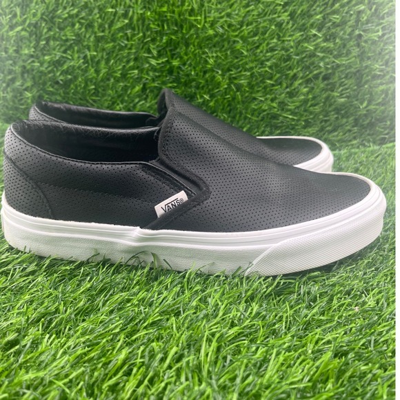 Vans Classic Slip On Perforated Leather Sneakers Black White Men US 6 Women 7.5 - Picture 1 of 10